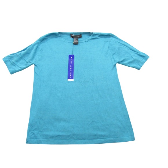 August Silk Womens Small S Teal Blue 100% Silk Short Sleeve Crew Neck Top - Picture 1 of 8